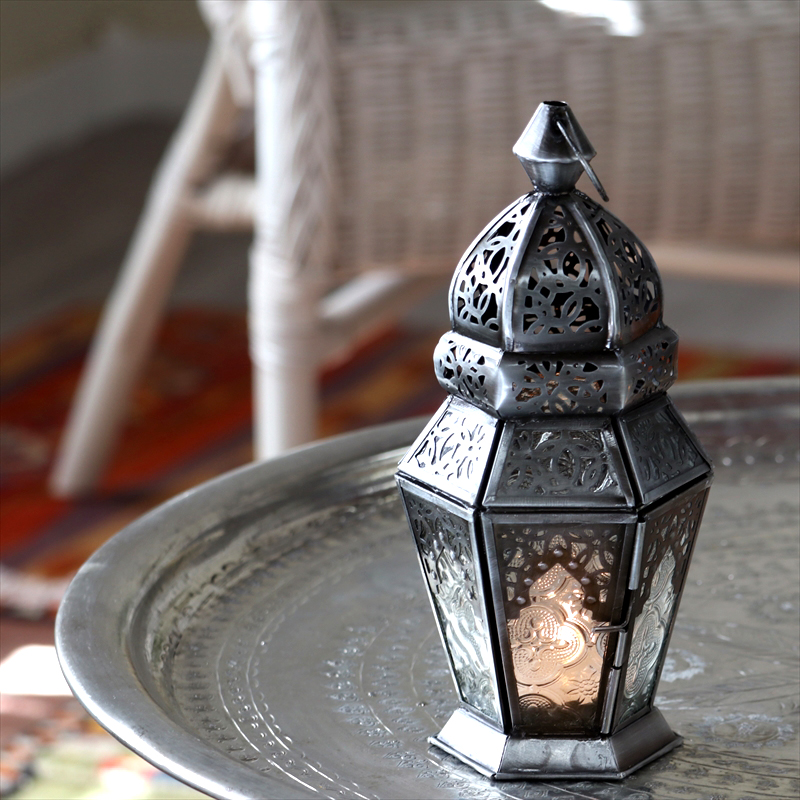 モロッコランタン・キャンドルホルダー　高さ23cm　オリエンタルランプ6面のレリーフガラス　Morocco Lantern Candle holder