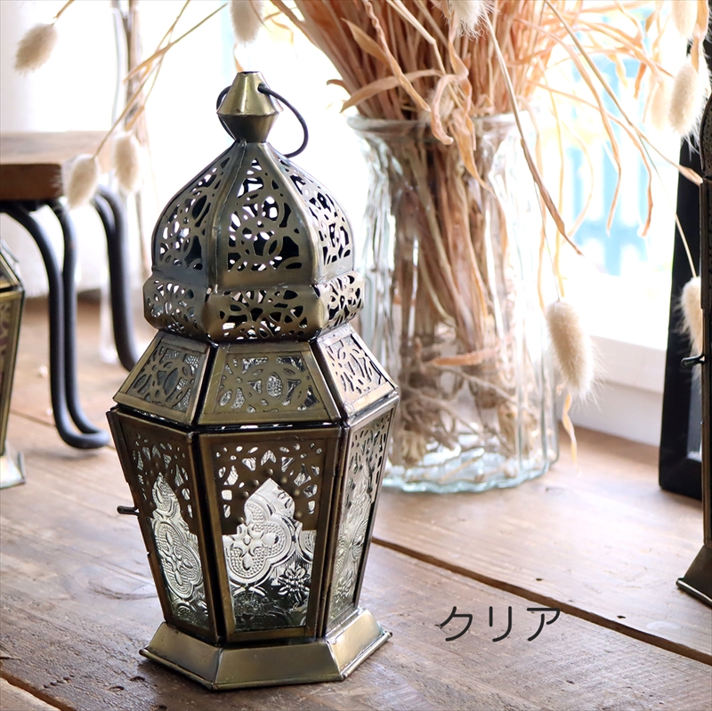 モロッコランタン・キャンドルホルダー　高さ23cm　クリア6面のレリーフガラス　Morocco Lantern Candle holder