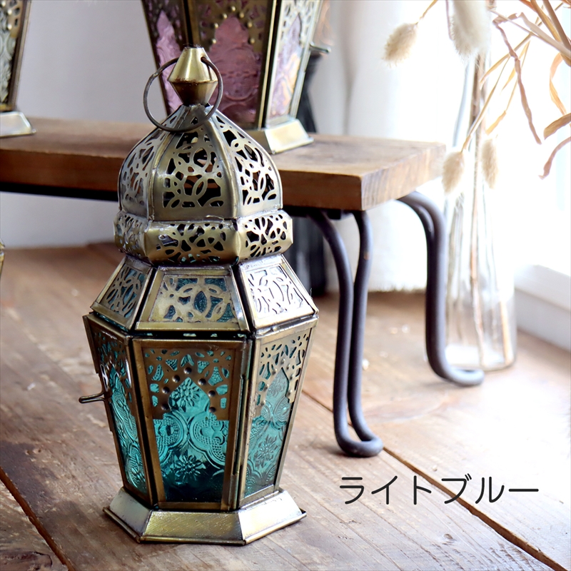 モロッコランタン・キャンドルホルダー　高さ23cm　ライトブルー6面のレリーフガラス　Morocco Lantern Candle holder