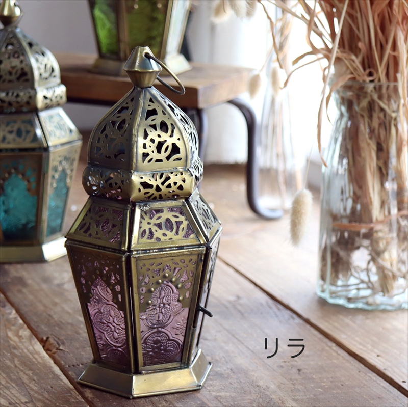 モロッコランタン・キャンドルホルダー　高さ23cm　リラ6面のレリーフガラス　Morocco Lantern Candle holder