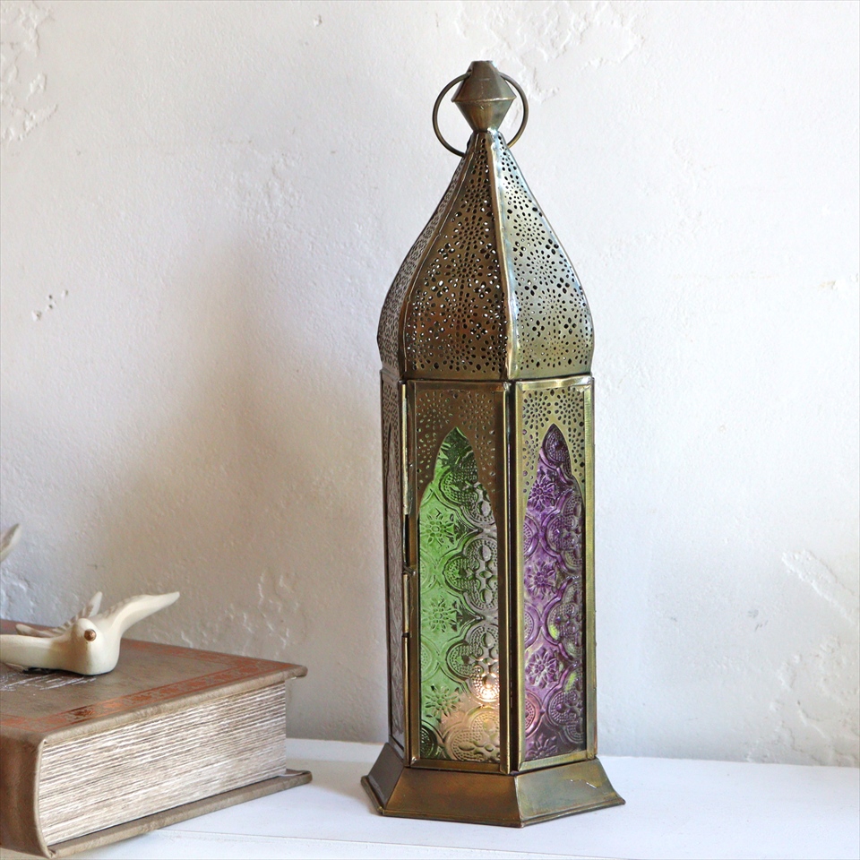 モロッコランタン・キャンドルホルダー　高さ29cm　リラ&グリーン 6面のレリーフガラス　Morocco Lantern Candle holder