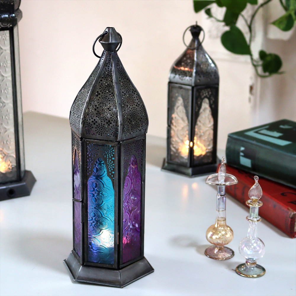 モロッコランタン・キャンドルホルダー　高さ29cm　バイオレット6面のレリーフガラス　Morocco Lantern Candle holder