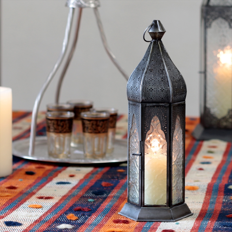 モロッコランタン・キャンドルホルダー　高さ29cm　オリエンタルランプ6面のレリーフガラス　Morocco Lantern Candle holder