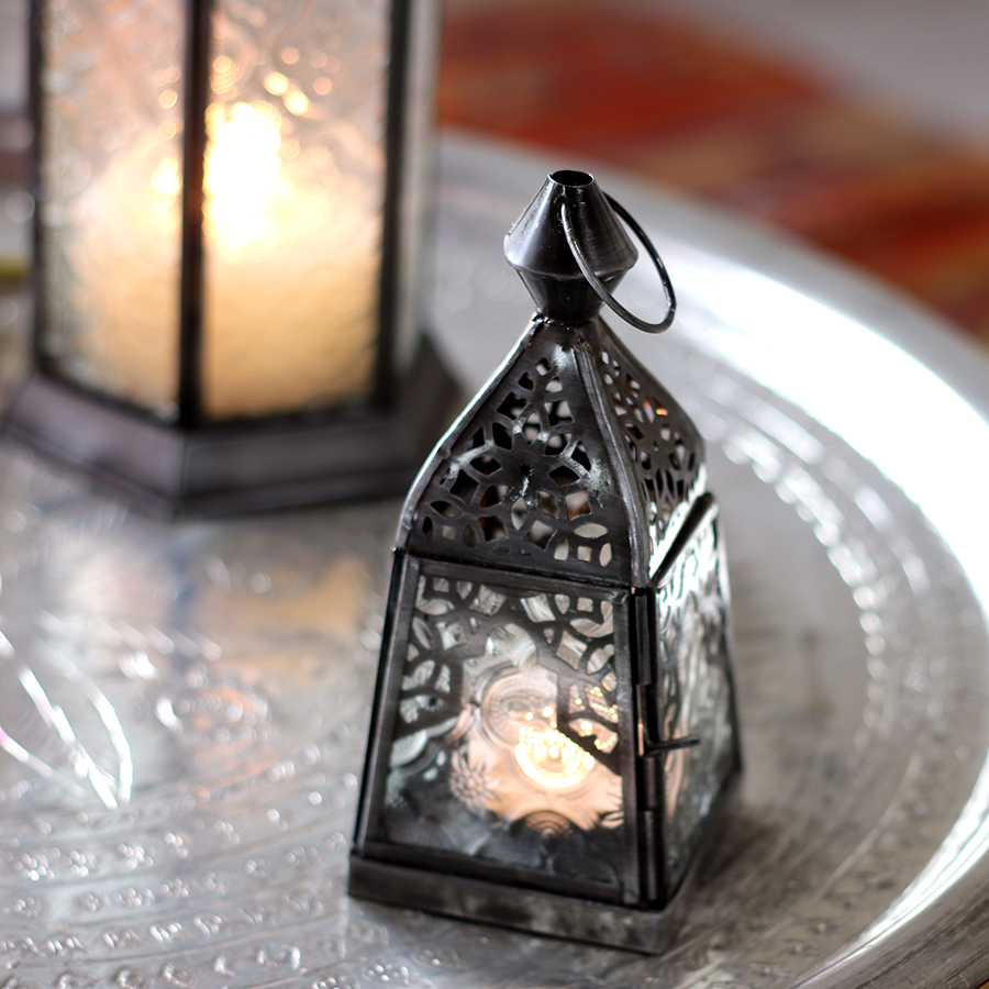モロッコランタン・キャンドルホルダー　高さ16cm　オリエンタルランプ4面のレリーフガラス　Morocco Lantern Candle holder