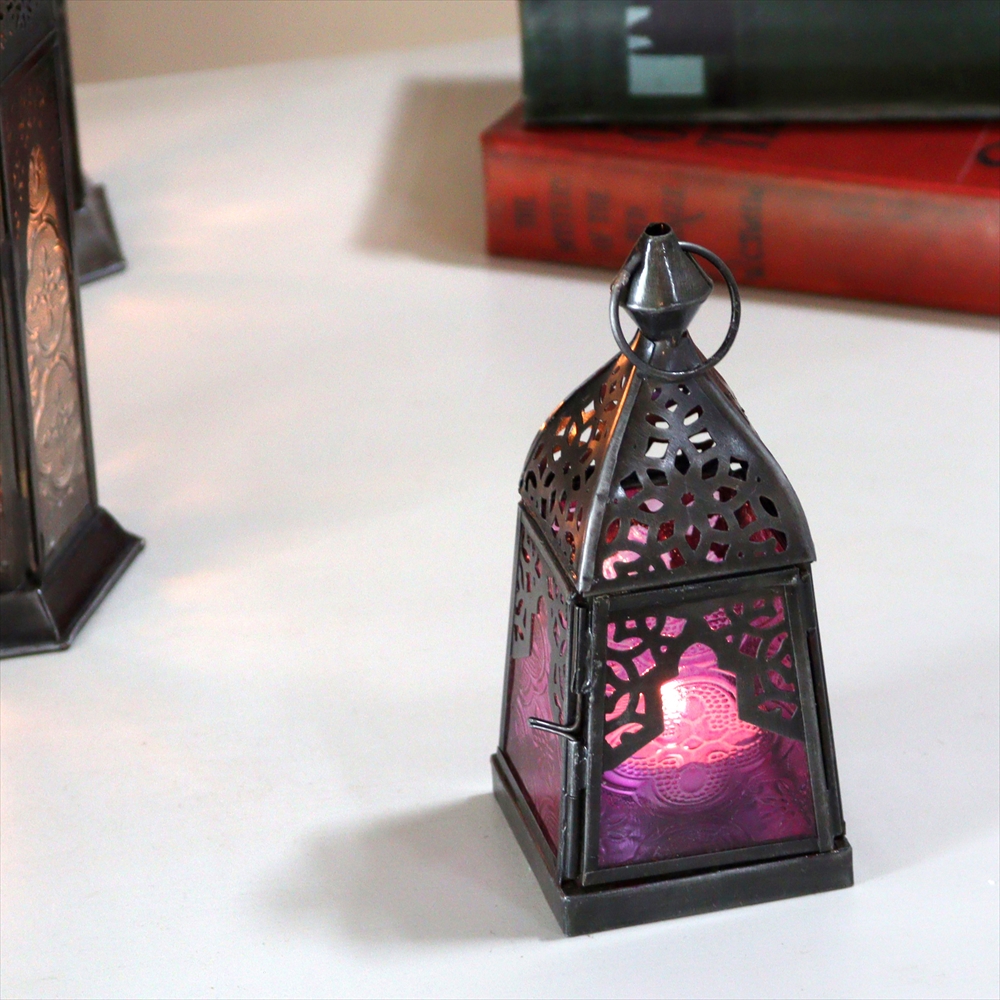モロッコランタン・キャンドルホルダー　高さ16cm　フューシャピンク4面のレリーフガラス　Morocco Lantern Candle holder