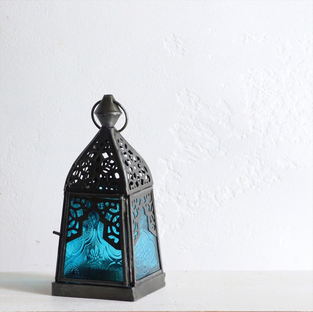 モロッコランタン・キャンドルホルダー　高さ16cm　ターコイズ4面のレリーフガラス　Morocco Lantern Candle holder