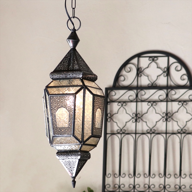 ガラスペンダントライト・モロッコランプ 直径19cm 全長89cm 4面のレリーフガラス　Morocco Lantern/ 25W１灯　ペンダントランプ１灯
