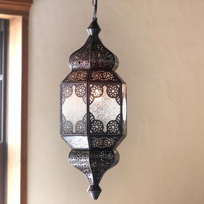 ガラスペンダントライト・モロッコランプ　アラビア風 直径21cm 全長88cm 6面のレリーフガラス　Morocco Lantern/ 25W１灯　ペンダントランプ１灯