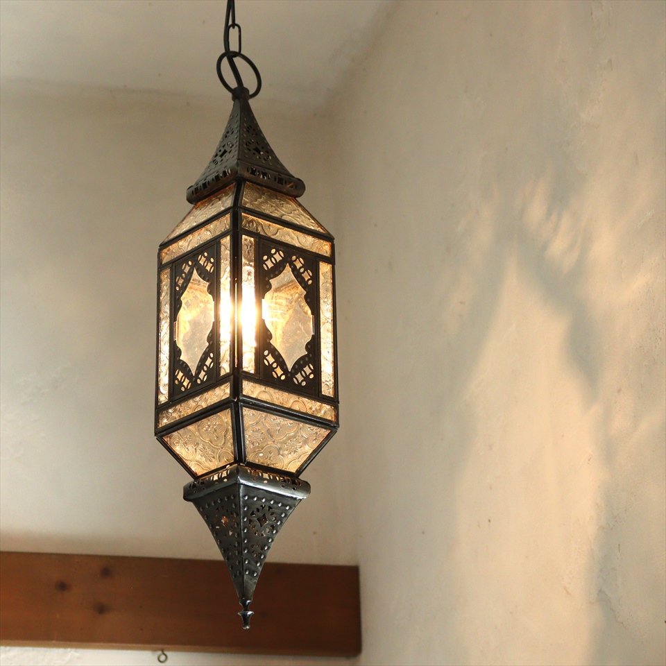モロッコランプ・ガラスペンダントライト 直径11cm 全長85cm 4面のレリーフガラス　Morocco Lantern/ 25W１灯　ペンダントランプ１灯