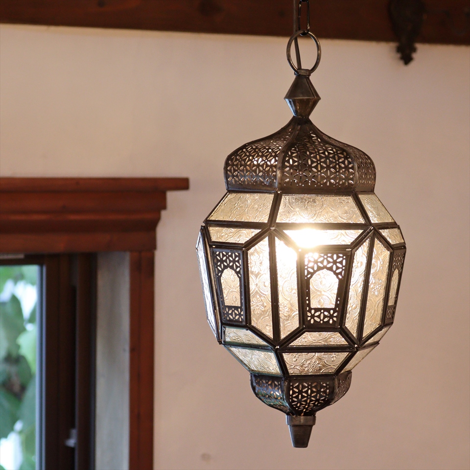 【10%OFF】モロッコランプ ガラスペンダントライト アラビア風 全高74cm 直径21cm クリア 6面のレリーフガラス