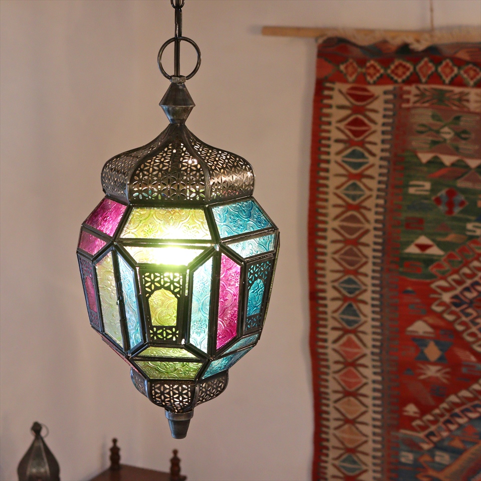 【10%OFF】モロッコランプ ガラスペンダントライト アラビア風 全高74cm 直径21cm バイオレット 6面のレリーフガラス
