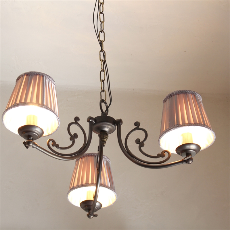 シャンデリア３灯 真鍮製アンティークブロンズ布シェード ココアブラウン