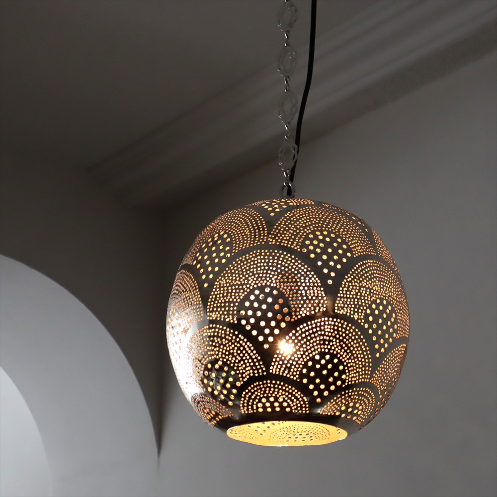 【10%OFF】モロッコランプ/Moroccan Metal shade Lamps メタルシェード　ペンダントランプラウンド形　レインボウ　φ26cm　エジプト製