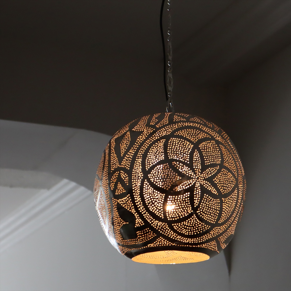 【10%OFF】メタルシェード モロッコランプ　Moroccan Metal shade Lamps　ペンダントランプ ラウンド形　フラワー　φ26cm　エジプト製