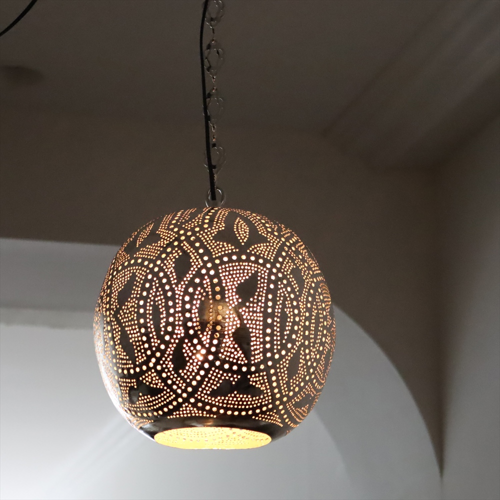 【10%OFF】メタルシェード モロッコランプ　Moroccan Metal shade Lamps　ペンダントランプ ラウンド形　ロータス　φ26cm　エジプト製