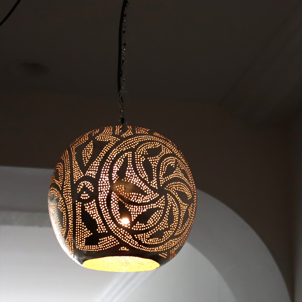 【10%OFF】モロッコランプ/Moroccan Metal shade Lamps メタルシェード　ペンダントランプラウンド形　ロータス　φ26cm　エジプト製