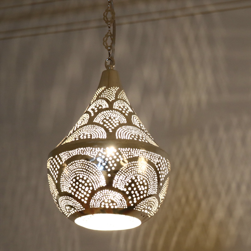 メタルシェード・モロッコランプΦ22cm　Moroccan Metal shade Lamps　ペンダントランプ タジン/レインボー シルバー色 口金E17 エジプト製