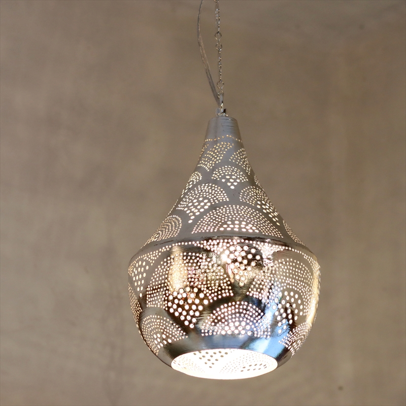 メタルシェード・モロッコランプΦ19cm　Moroccan Metal shade Lamps　ペンダントランプ タジン/レインボー シルバー色 口金E17 エジプト製