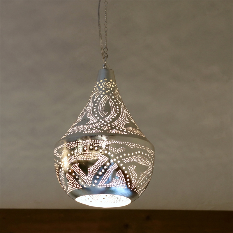 メタルシェード・モロッコランプΦ19cm　Moroccan Metal shade Lamps　ペンダントランプ タジン/ロータス シルバー色 口金E17 エジプト製