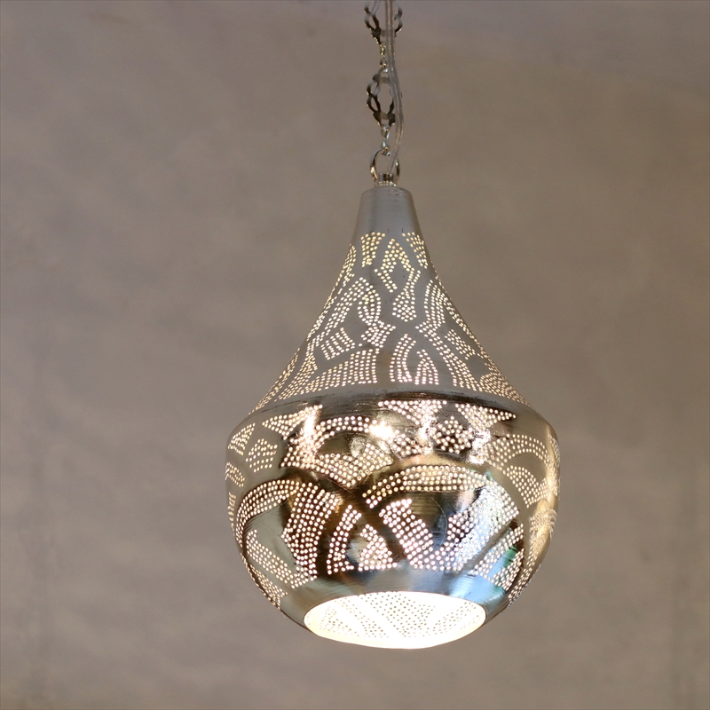 メタルシェード・モロッコランプΦ19cm　Moroccan Metal shade Lamps　ペンダントランプ タジン/ロータス シルバー色 口金E17 エジプト製