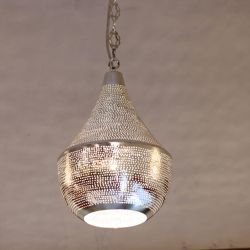メタルシェード・モロッコランプΦ19cm　Moroccan Metal shade Lamps　ペンダントランプ タジン/ドット シルバー色 口金E17 エジプト製