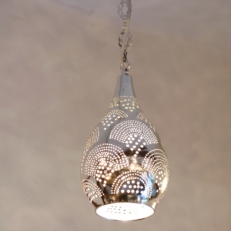 メタルシェード・モロッコランプΦ13cm　Moroccan Metal shade Lamps　ペンダントランプ レインドロップ/レインボー シルバー色 口金E17 エジプト製