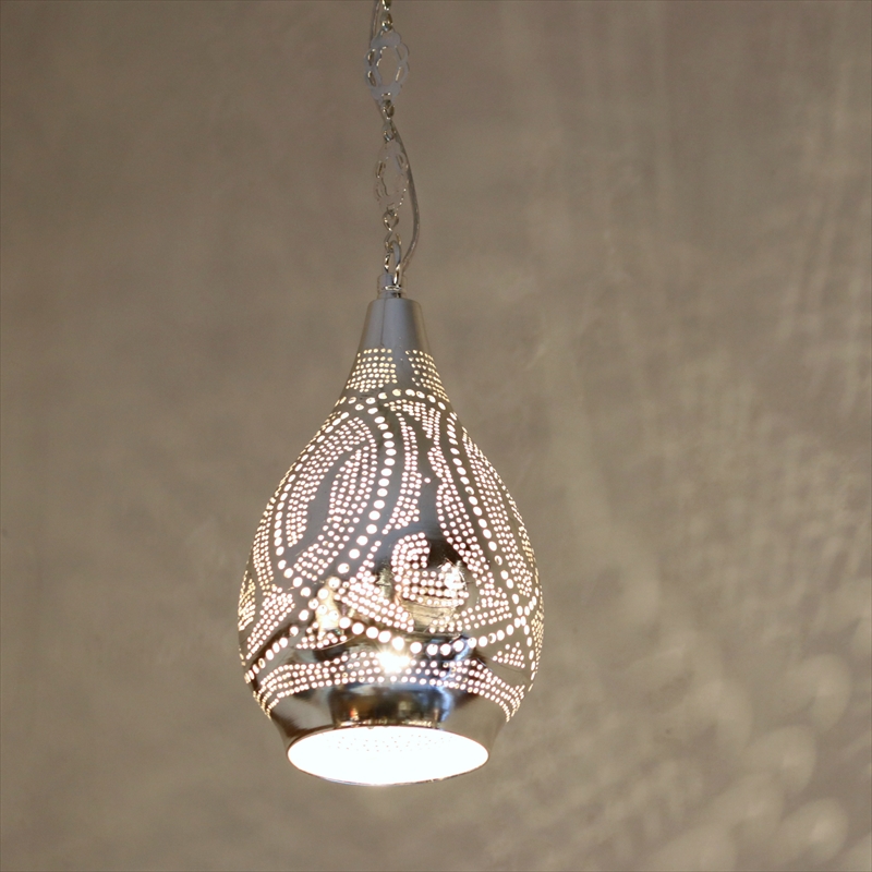 メタルシェード・モロッコランプΦ13cm　Moroccan Metal shade Lamps　ペンダントランプ レインドロップ/ロータス シルバー色 口金E17 エジプト製