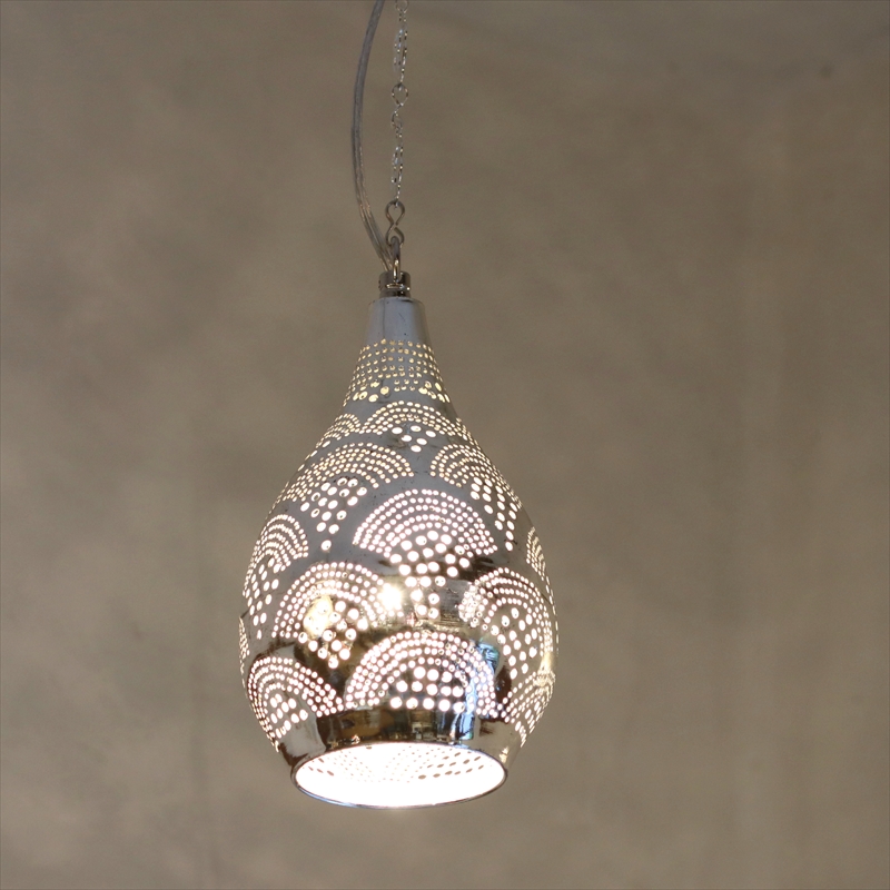 メタルシェード・モロッコランプΦ13cm　Moroccan Metal shade Lamps　ペンダントランプ レインドロップ/レインボー シルバー色 口金E17 エジプト製