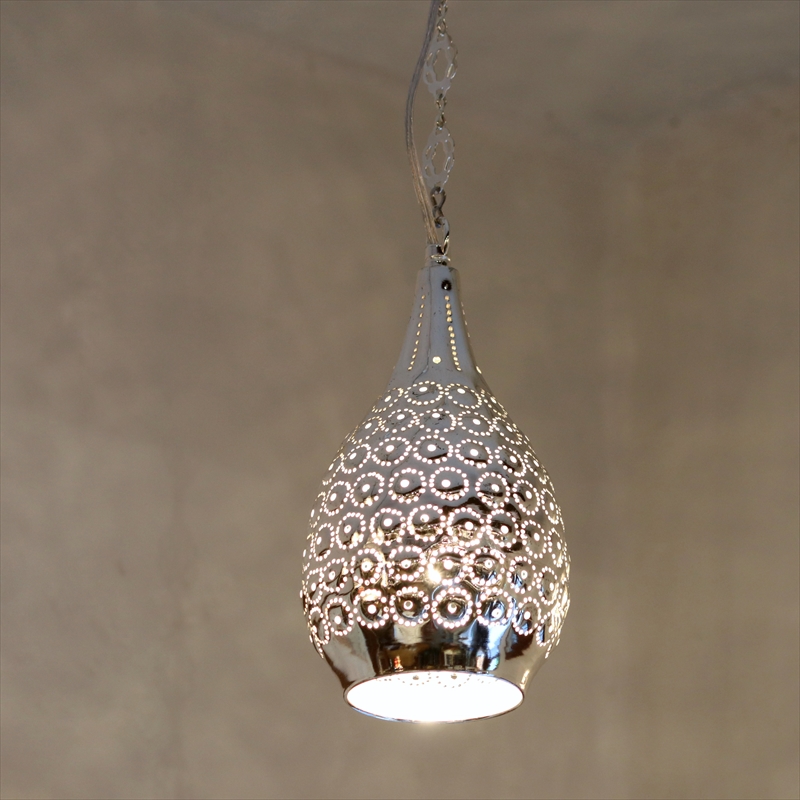 メタルシェード・モロッコランプΦ13cm　Moroccan Metal shade Lamps　ペンダントランプ レインドロップ/パインアップル シルバー色 口金E17 エジプト製