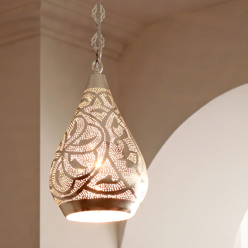 【10%OFF】メタルシェード・モロッコランプΦ17cm　Moroccan Metal shade Lamps　ペンダントランプ レインドロップ/ロータス シルバー色 口金E17 エジプト製