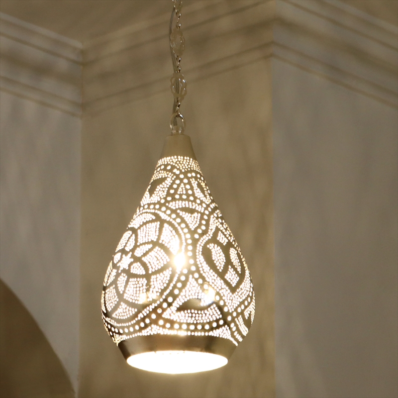 メタルシェード・モロッコランプΦ17cm　Moroccan Metal shade Lamps　ペンダントランプ レインドロップ/ロータス シルバー色 口金E17 エジプト製