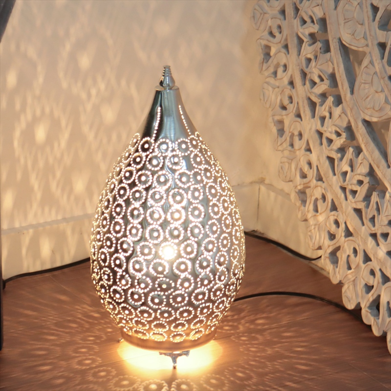 モロッコ メタルシェード・スタンドランプ/Moroccan　Metal shade Lamps Φ20cm レインドロップ/パインアップル シルバー色 口金E17 エジプト製