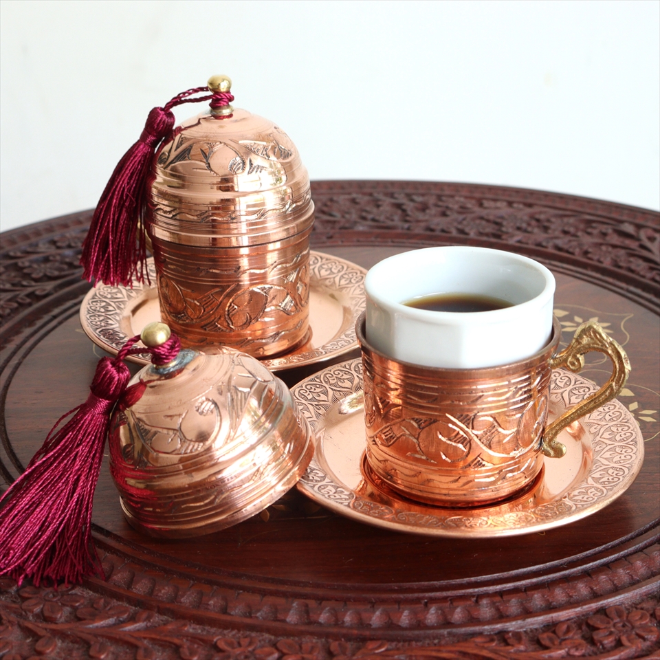 トルココーヒーカップ＆ソーサー銅製カバー付２客セット ブロンズ（フリンジは３色から選べます）・トルコお土産