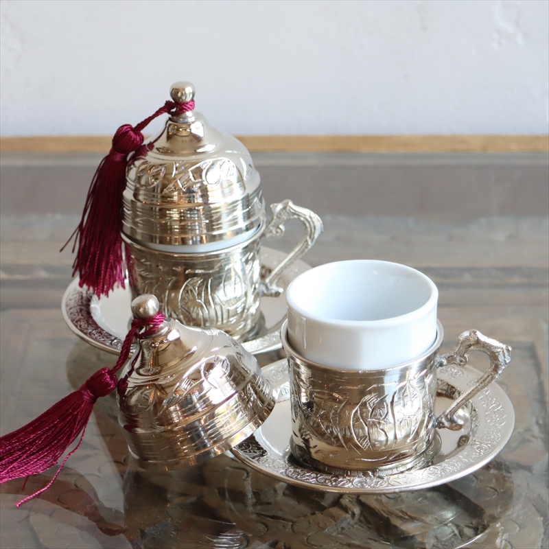 トルココーヒーカップ＆ソーサー銅製カバー付２客セット シルバー（フリンジは３色から選べます）・トルコお土産