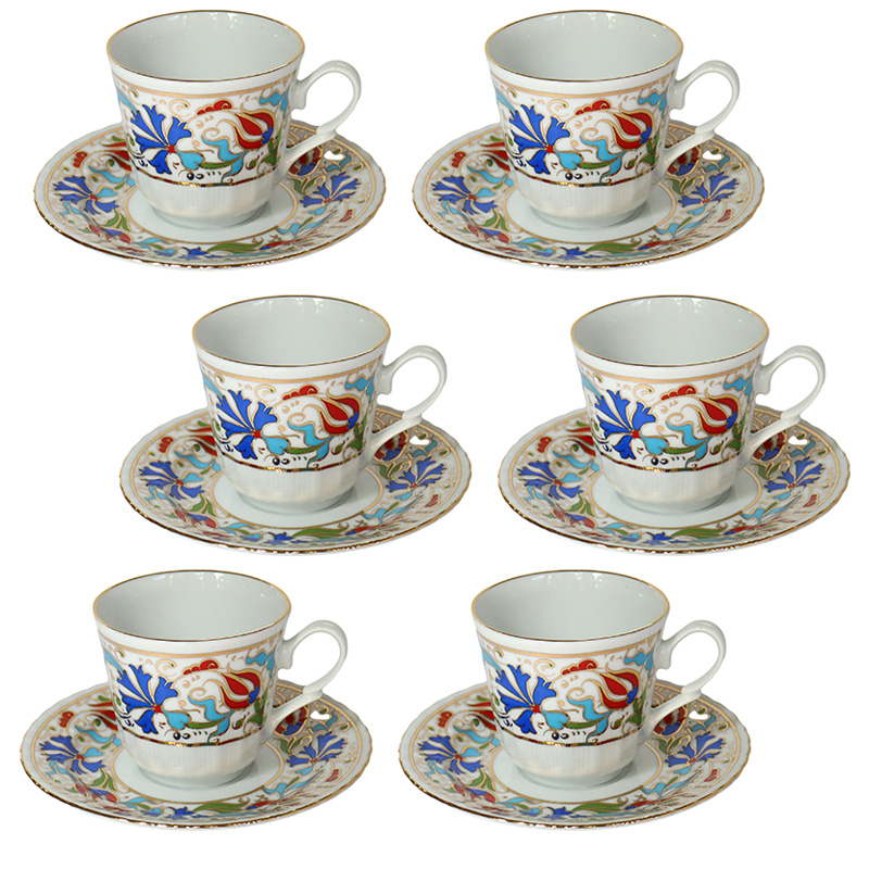 トルココーヒー カップ＆ソーサー ６客セット エスプレッソ デミタスカップ ：チューリップと青い花柄