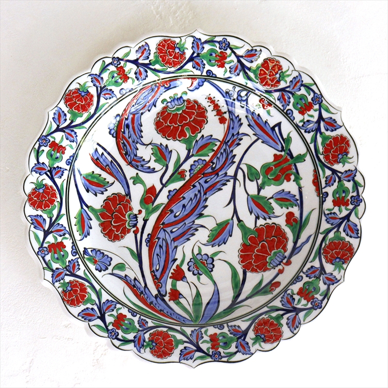 トルコ・手書き絵皿　キュタフヤ陶器　プレート30cmサズ・赤いカーネーション
