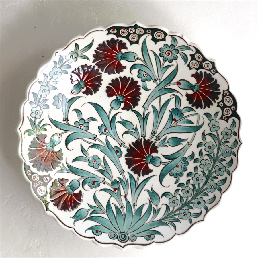 トルコ・キュタフヤ陶器 飾り絵皿 直径31cm カーネーション  オットマンクラシック・ミュージアムピース Turkish Hand Paint PlateTurkish Hand Paint Plate