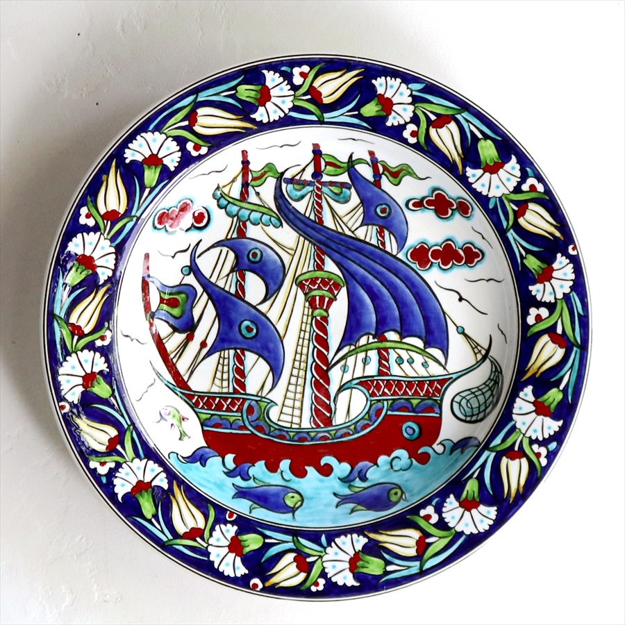 トルコ・キュタフヤ陶器 飾り絵皿 直径32cm チャナッカレ・トロイの船 オットマンクラシック・ミュージアムピース Turkish Hand Paint Plate