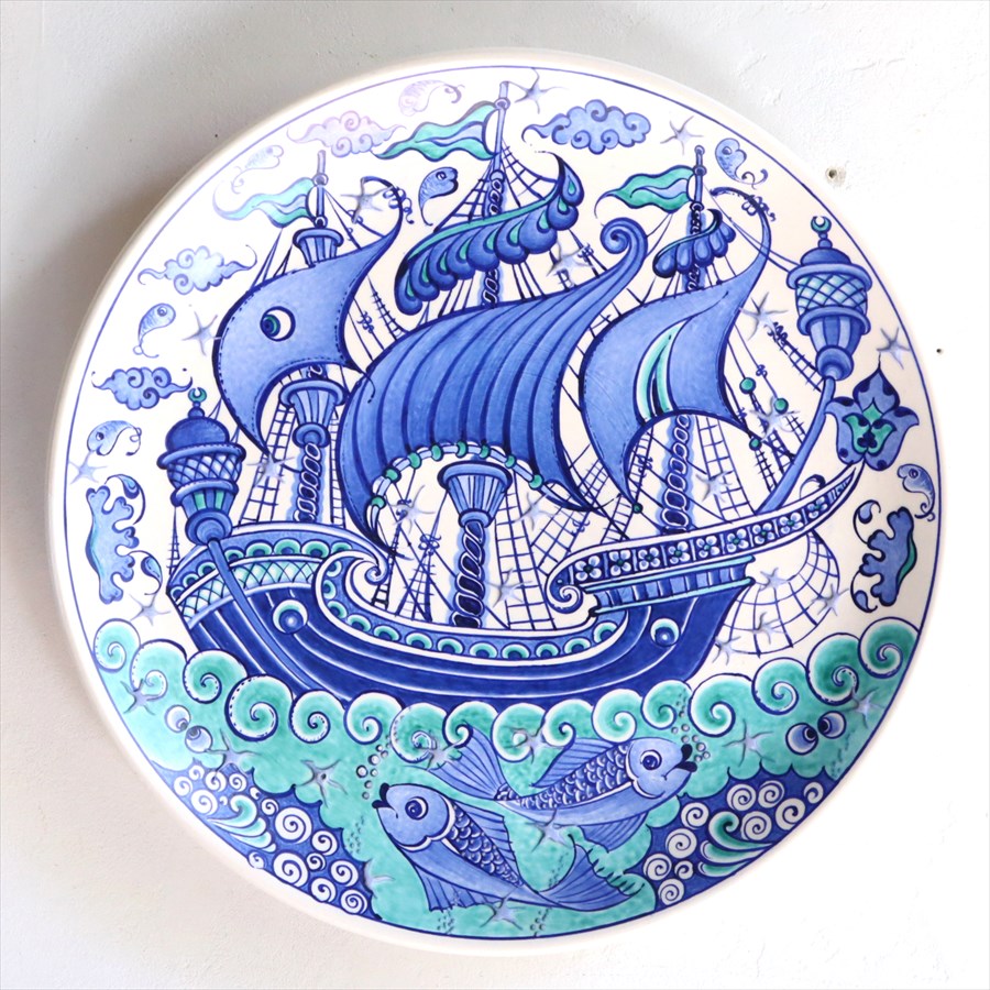 トルコ 手書き絵皿 直径30.5cm 飾り絵皿 チャナッカレ・トロイの船と魚 ブルーグリーン ミュージアムピース オットマンクラシック Turkish Hand Paint Plate