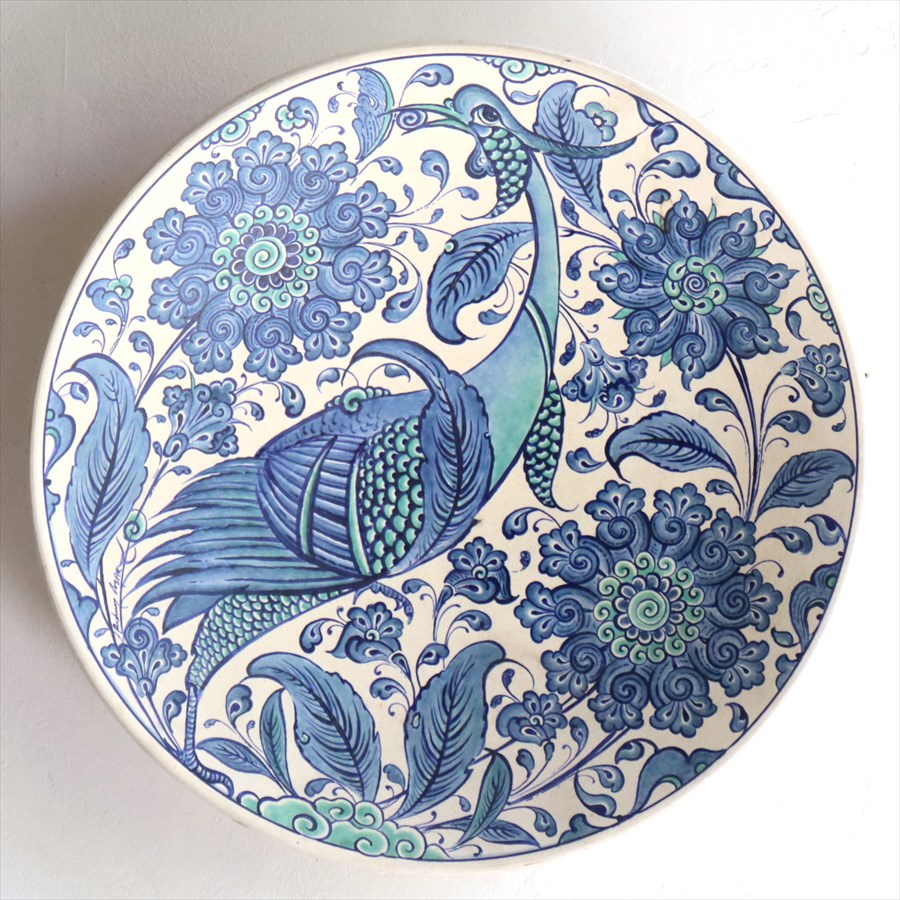 トルコ 手書き絵皿 直径31cm 飾り絵皿 孔雀と花 ブルーグリーン ミュージアムピース オットマンクラシック Turkish Hand Paint Plate