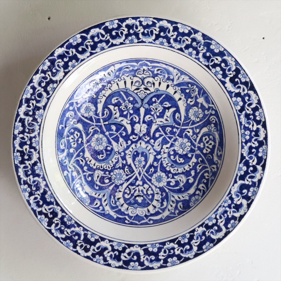 トルコ 手書き絵皿 直径32cm 飾り絵皿 細かなアラベスク文様 藍色 ミュージアムピース オットマンクラシック Turkish Hand Paint Plate
