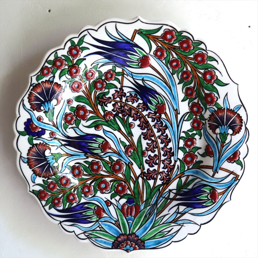 トルコ 手書き絵皿 直径31.5cm 飾り絵皿 チューリップとカーネーション ミュージアムピース オットマンクラシック Turkish Hand Paint Plate