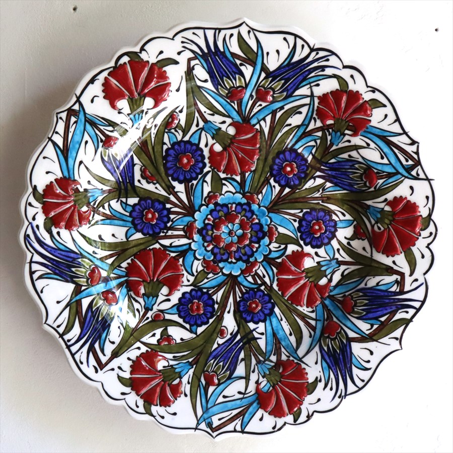 トルコ 手書き絵皿 直径31.5cm 飾り絵皿 チューリップとカーネーション ミュージアムピース オットマンクラシック Turkish Hand Paint Plate