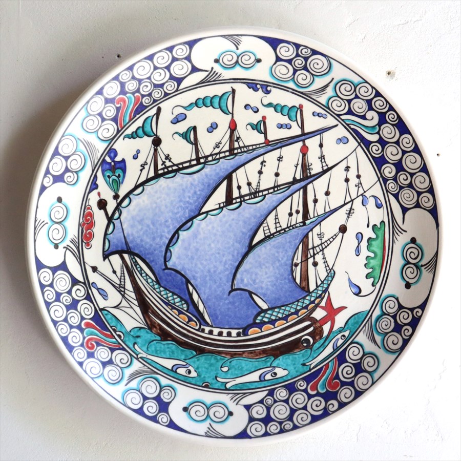 トルコ 手書き絵皿 直径30.5cm 飾り絵皿 チャナッカレ・トロイの船 Turkish Hand Paint Plate