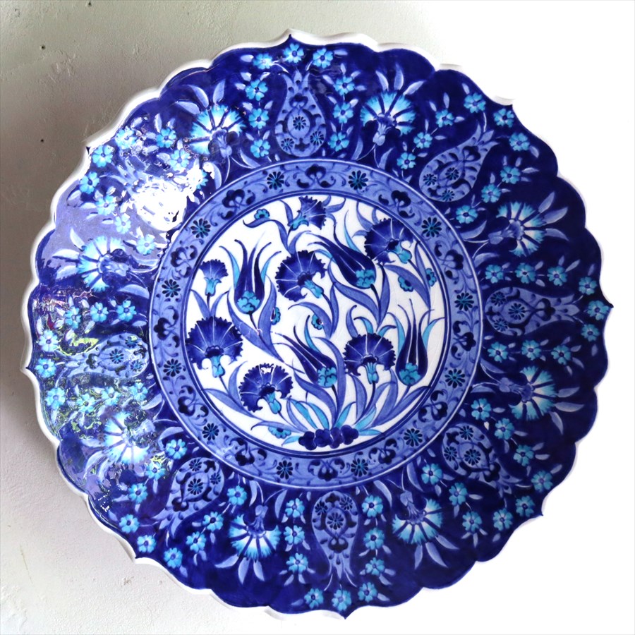 トルコ 手書き絵皿 直径31cm 飾り絵皿 ブルーフラワー ミュージアムピース オットマンクラシック Turkish Hand Paint Plate