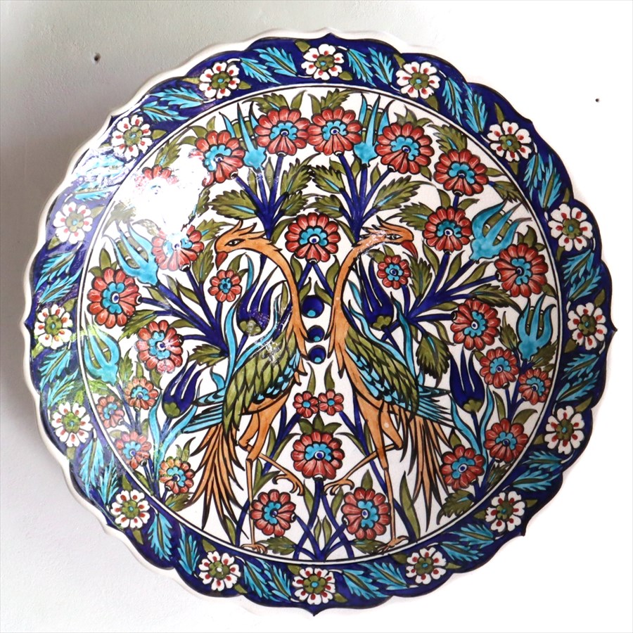 トルコ 手書き絵皿 直径31cm 飾り絵皿 孔雀とフラワー ミュージアムピース オットマンクラシック Turkish Hand Paint Plate