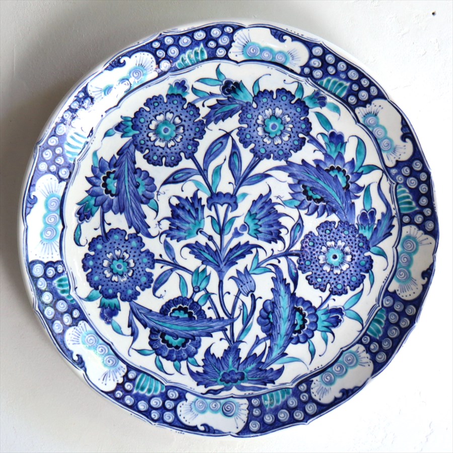 トルコ 手書き絵皿 直径30.5cm 飾り絵皿 ブルーフラワー ミュージアムピース オットマンクラシック Turkish Hand Paint Plate