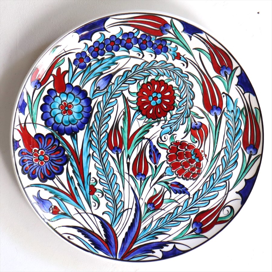 トルコ 手書き絵皿 直径32.5cm 飾り絵皿 チューリップとカーネーション ミュージアムピース オットマンクラシック Turkish Hand Paint Plate