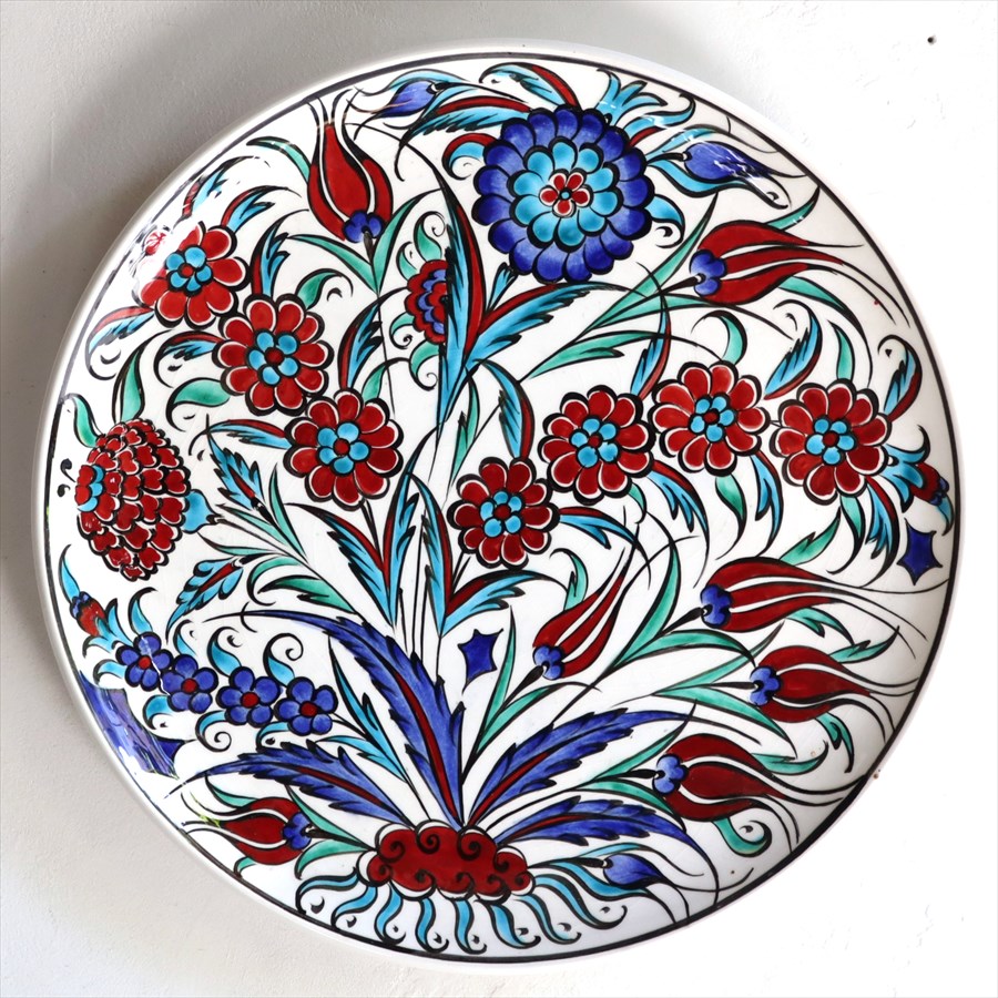 トルコ 手書き絵皿 直径32.5cm 飾り絵皿 チューリップとカーネーション ミュージアムピース オットマンクラシック Turkish Hand Paint Plate