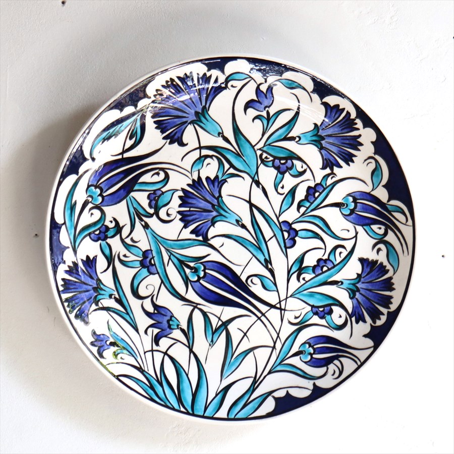 手書き絵皿 直径25.5cm トルコ 飾り絵皿 ミュージアムピース オットマンクラシックチューリップとカーネーション ブルーグリーン Turkish Hand Paint Plate